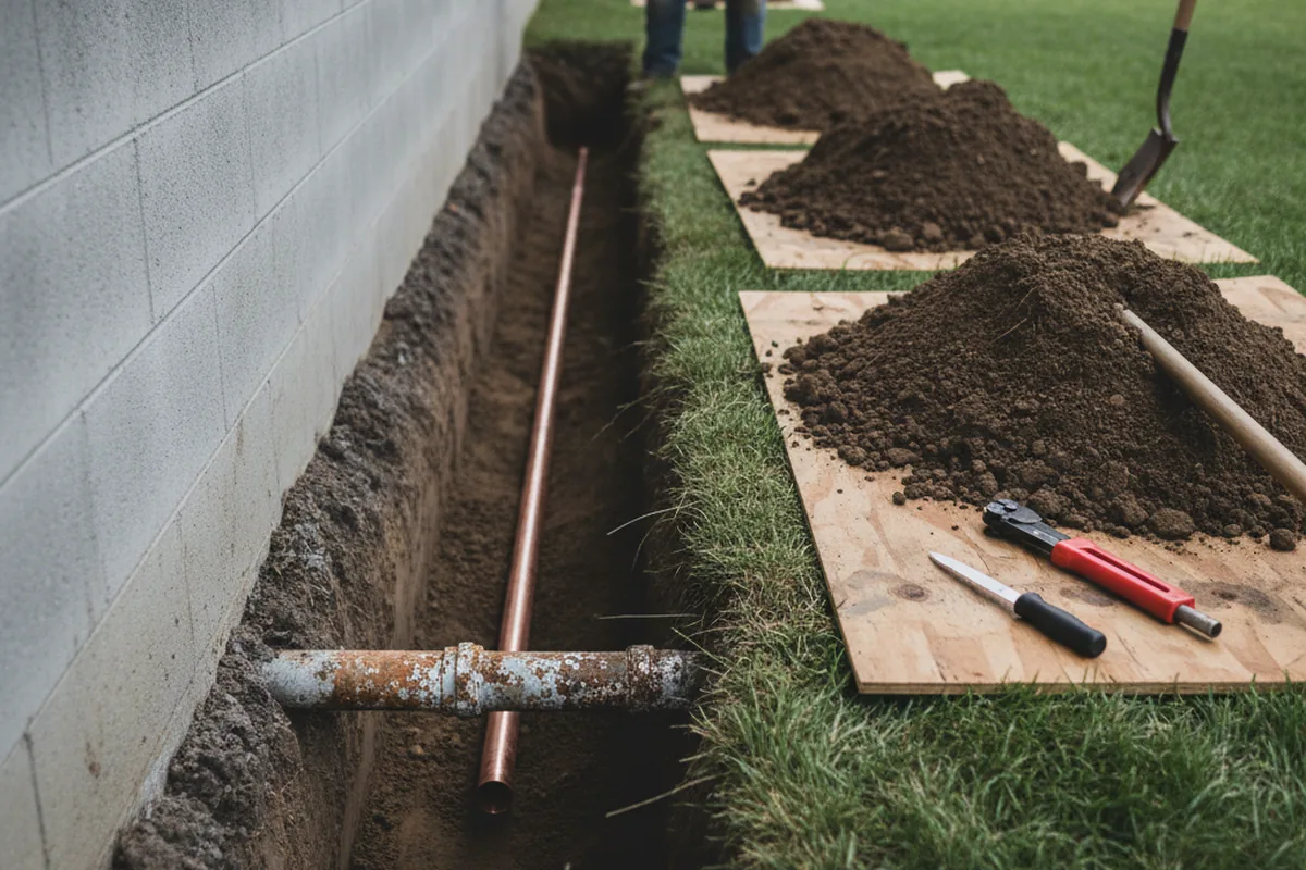 Excavated water line trench during Water Softener Installation in Cropwell